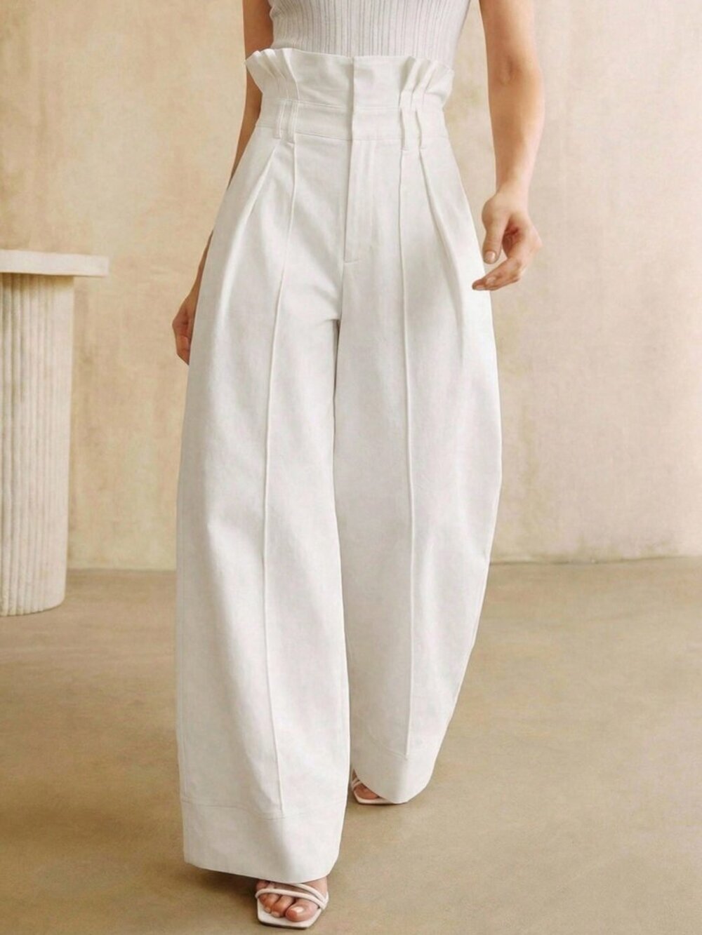 White Casual Women's Paper Bag Waist Pants